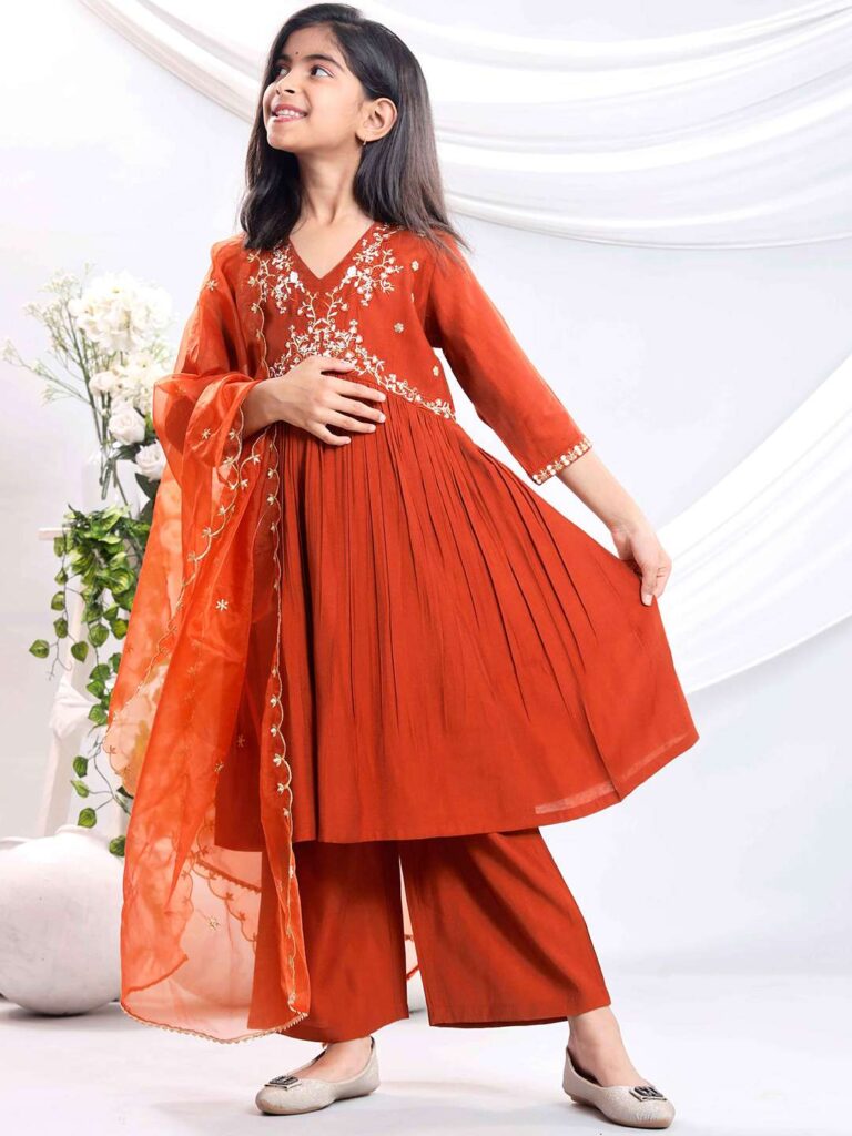 misbis – Girls Embroidered Kurta with Palazzos With Dupatta