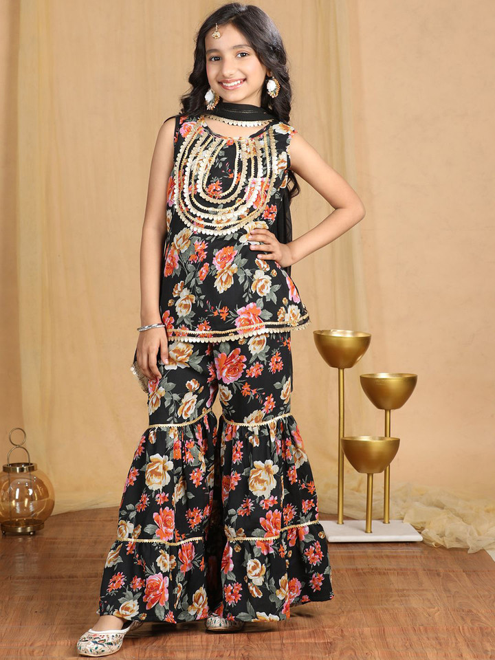 Cutiekins – Girls Embroidered Kurta with Sharara With Dupatta