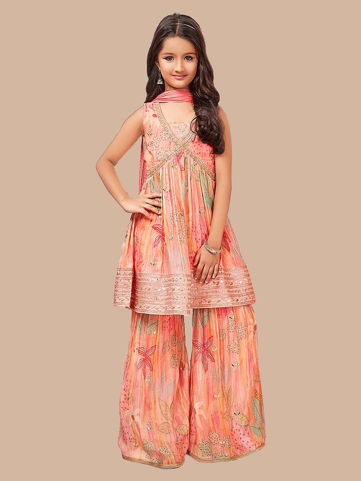 Wommaniya Impex – Girls Printed Kurta with Sharara With Dupatta