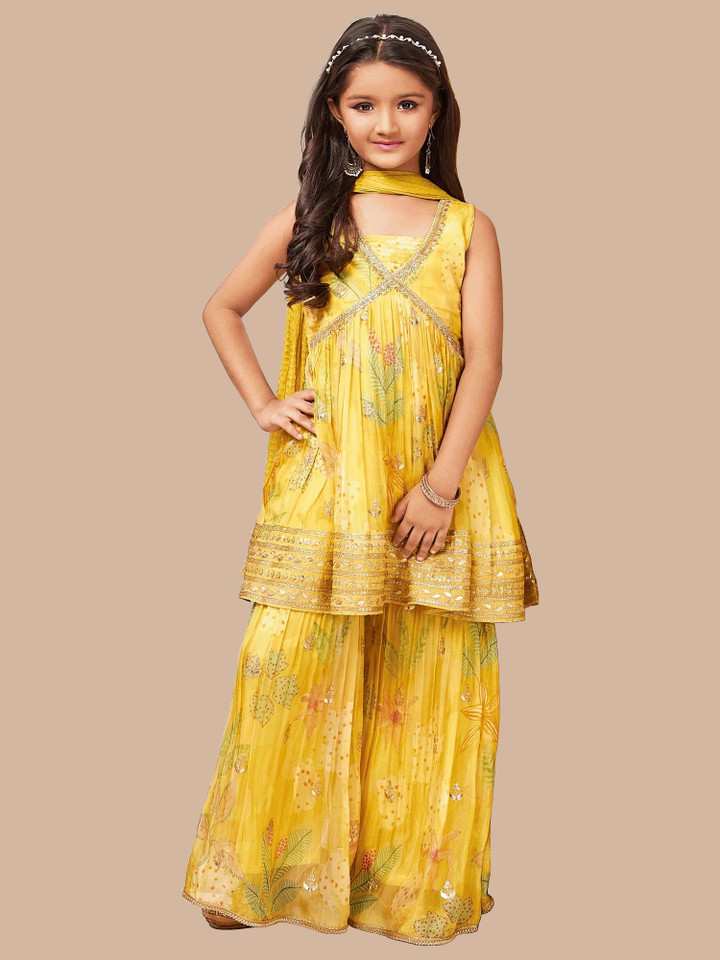 Wommaniya Impex – Girls Printed Kurta with Sharara With Dupatta